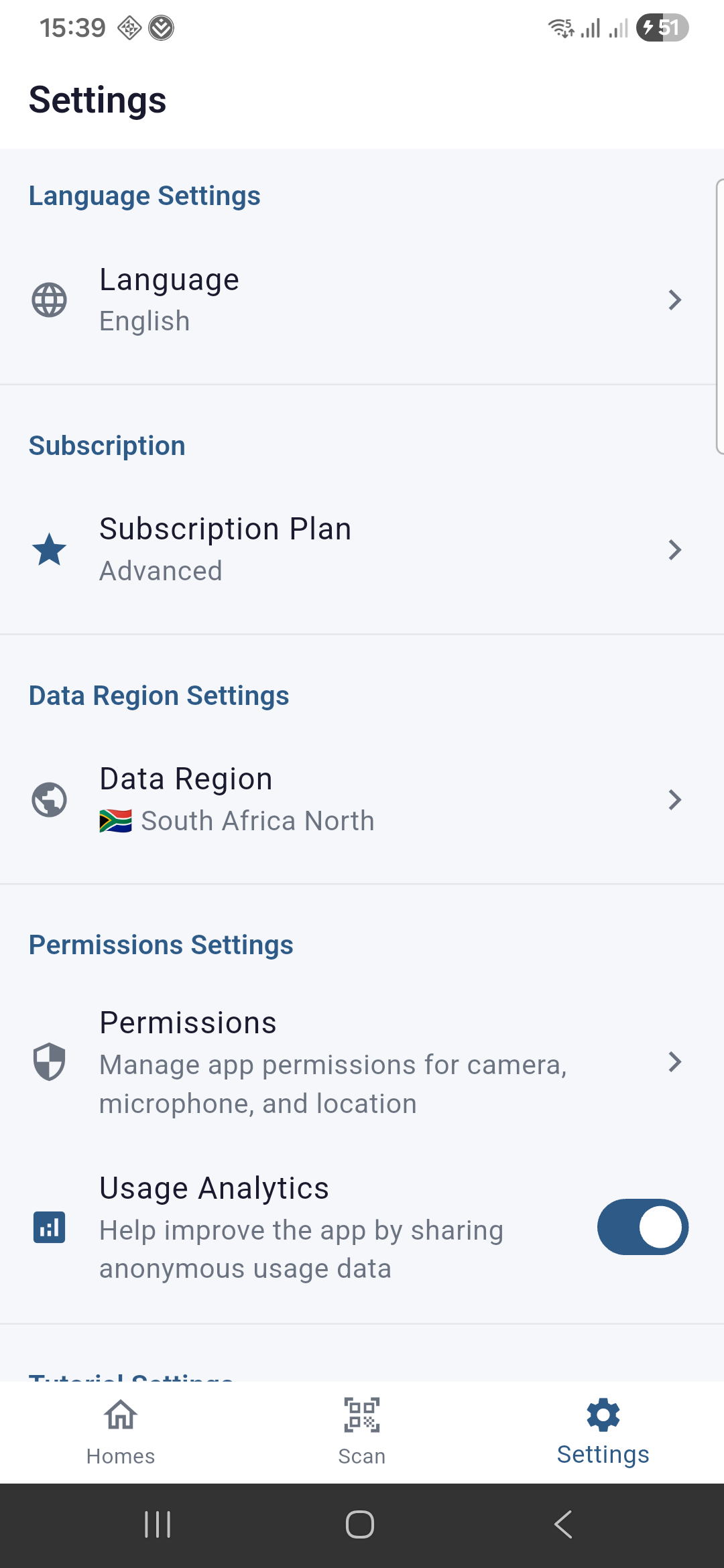 Settings screen with privacy options